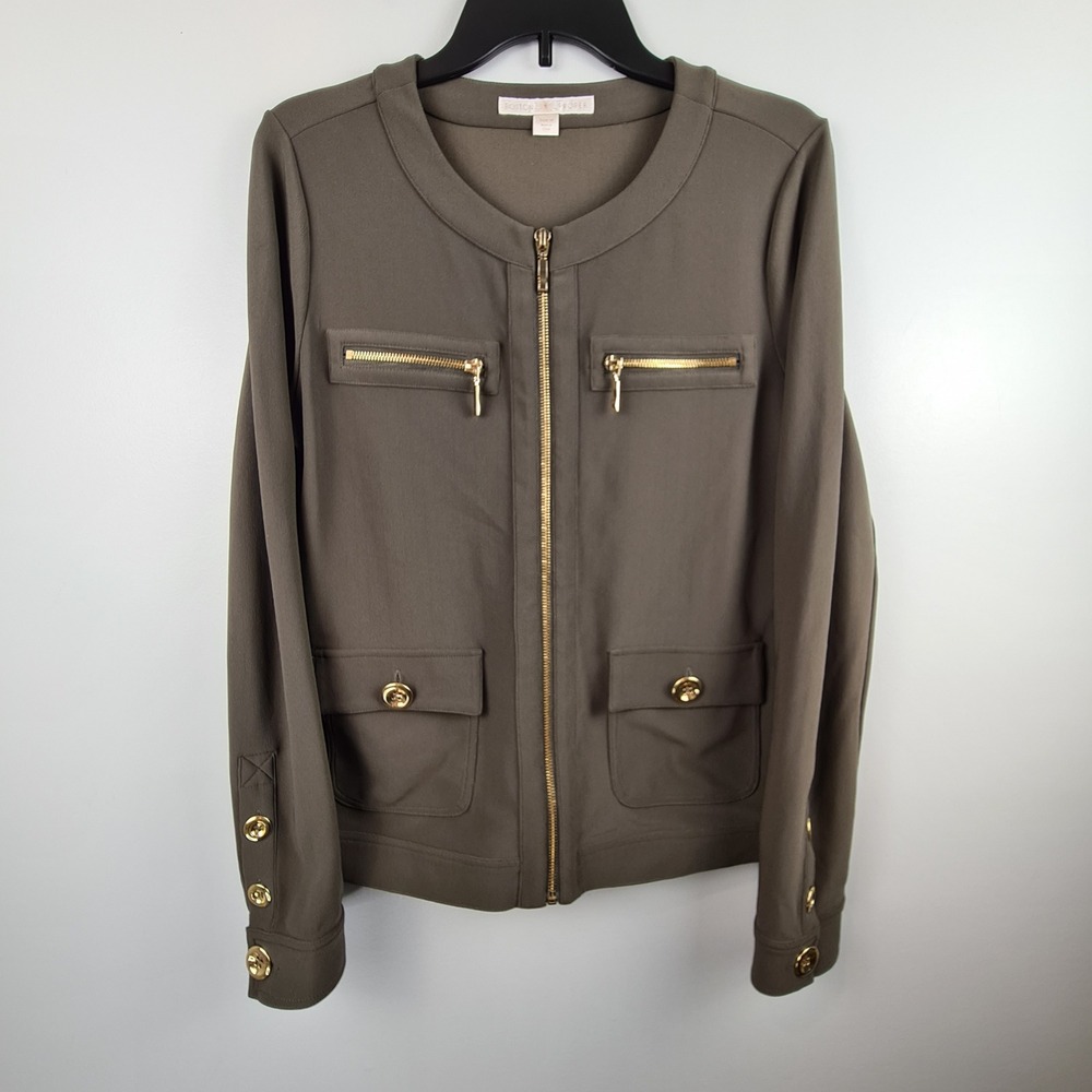 Boston Proper Olive Green Military Utility Zip Jacket Gold Hardware Size M Light